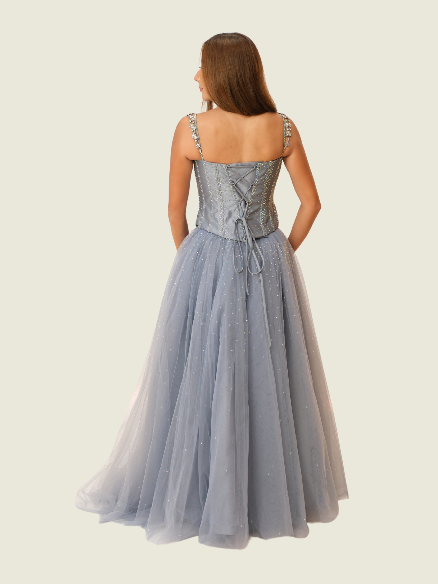 Enan Almando Couture Blue Couture Two-Piece Corset Dress with Crystal Detailing and Matching Bag