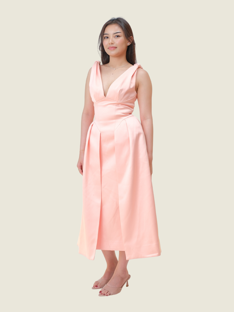 House of CB Paloma Peach Pink Satin Pleated Midi Dress (S)