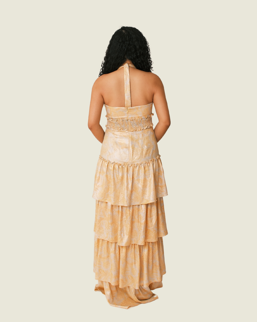 LIKELY Orange Floral Metallic Ruffle Dress