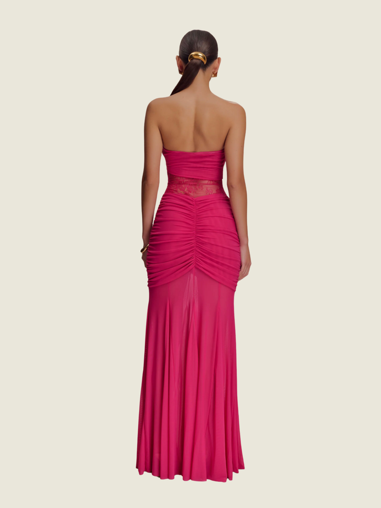 Meshki Khadijah Lace and Mesh Maxi Dress in Dragonfruit