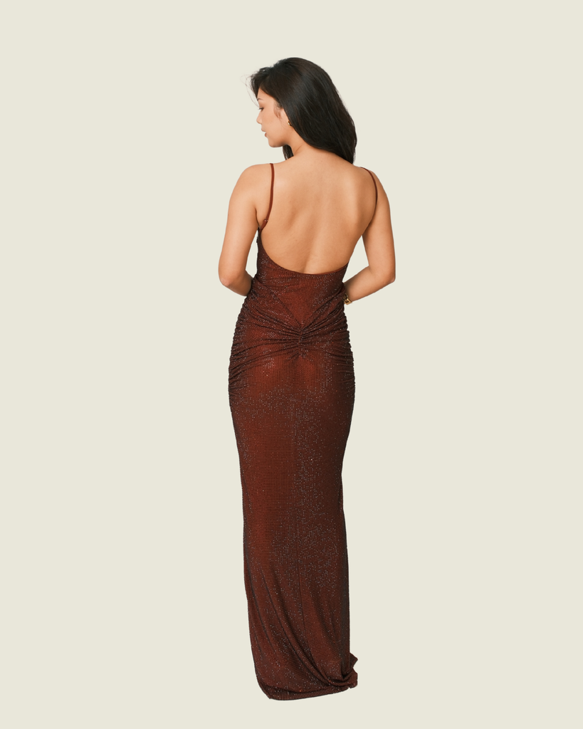 Meshki Roisin Diamante Maxi Dress in Mahogany