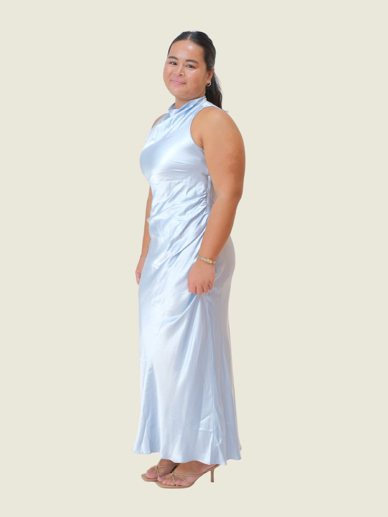 Michelle Open-Back Satin Maxi Dress in Misty Sky (L)