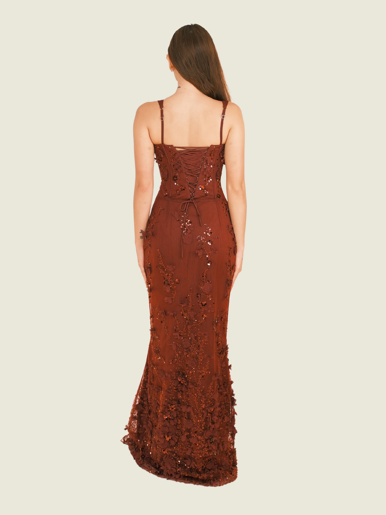 Oh Polly Vasanta Embellished Fishtail Corset Gown in Wine Red