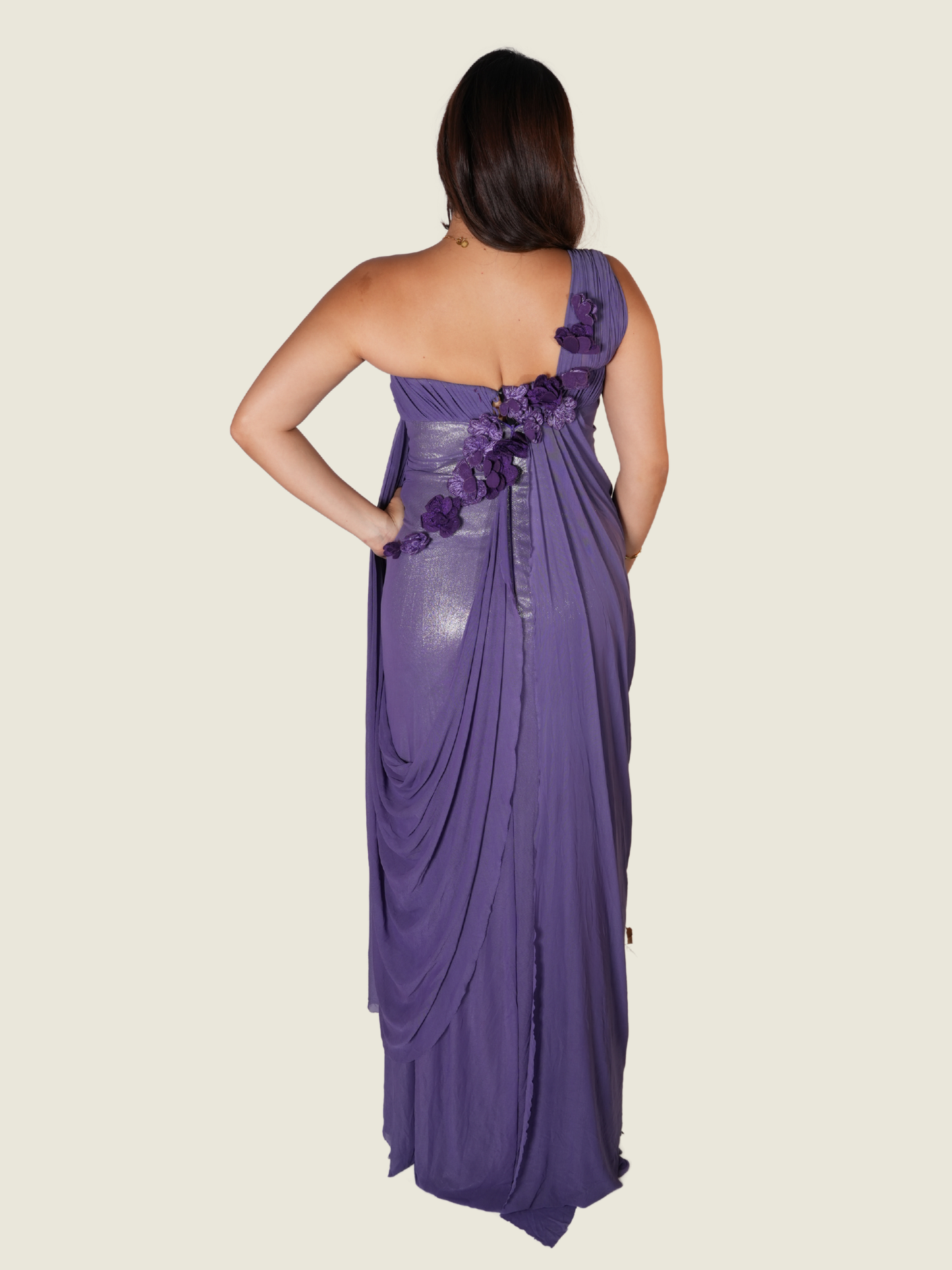 Randy Ortiz Purple Asymmetrical To The Right with Drape and Flower Detail