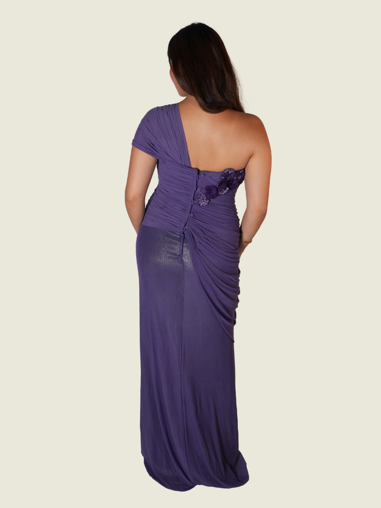 Randy Ortiz Asymmetrical with Drape and Flower Detail in Purple