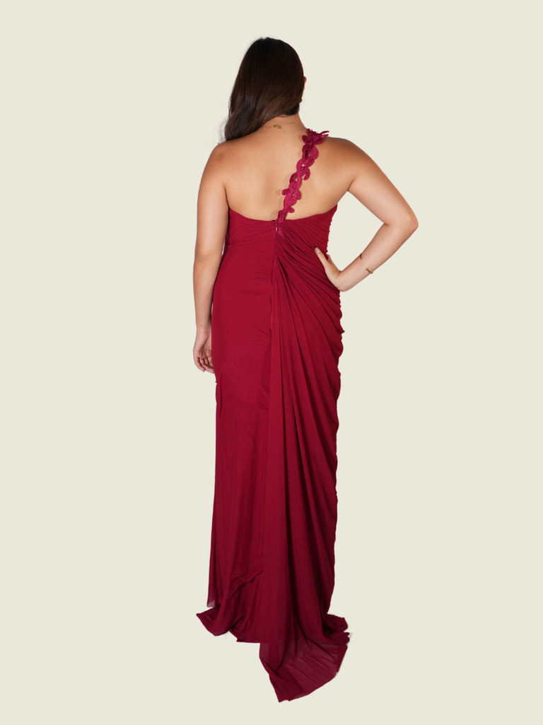 Randy Ortiz Asymmetrical with Drape and Flower Detail in Red