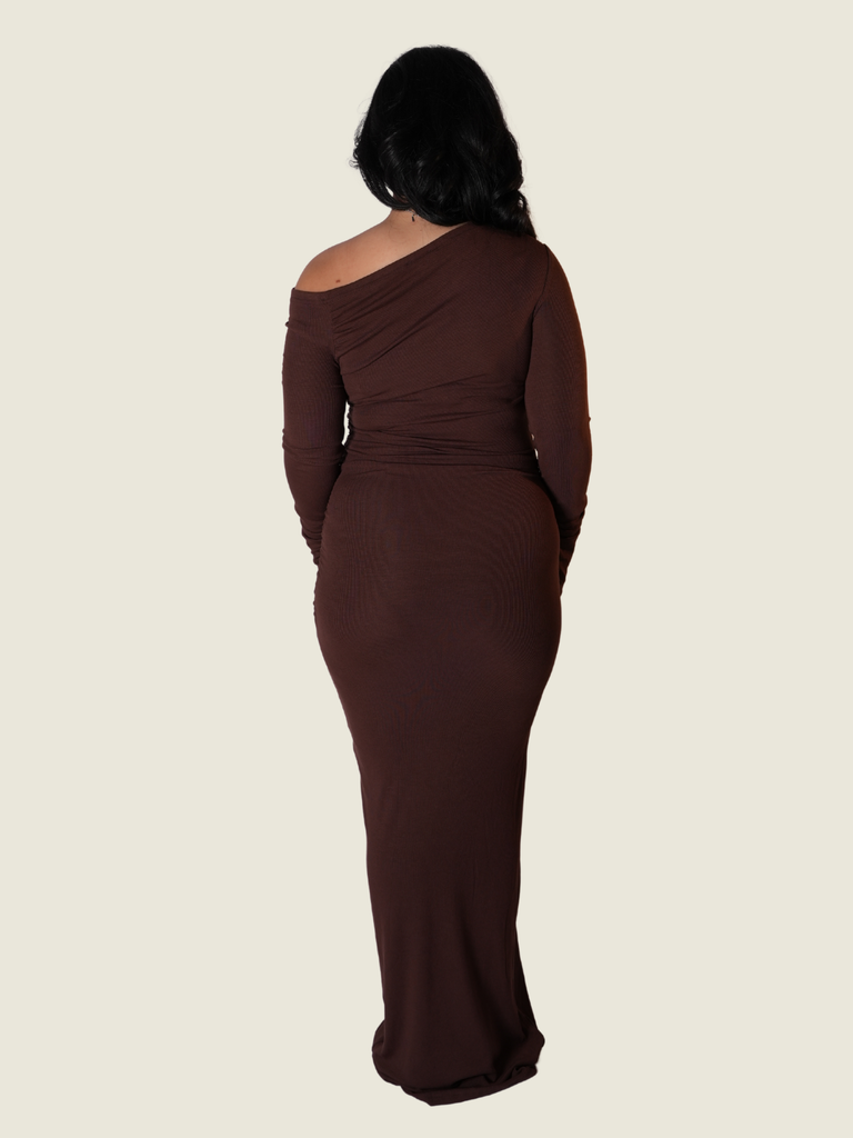 SNDYS Brown Long Sleeves Off Shoulder Maxi