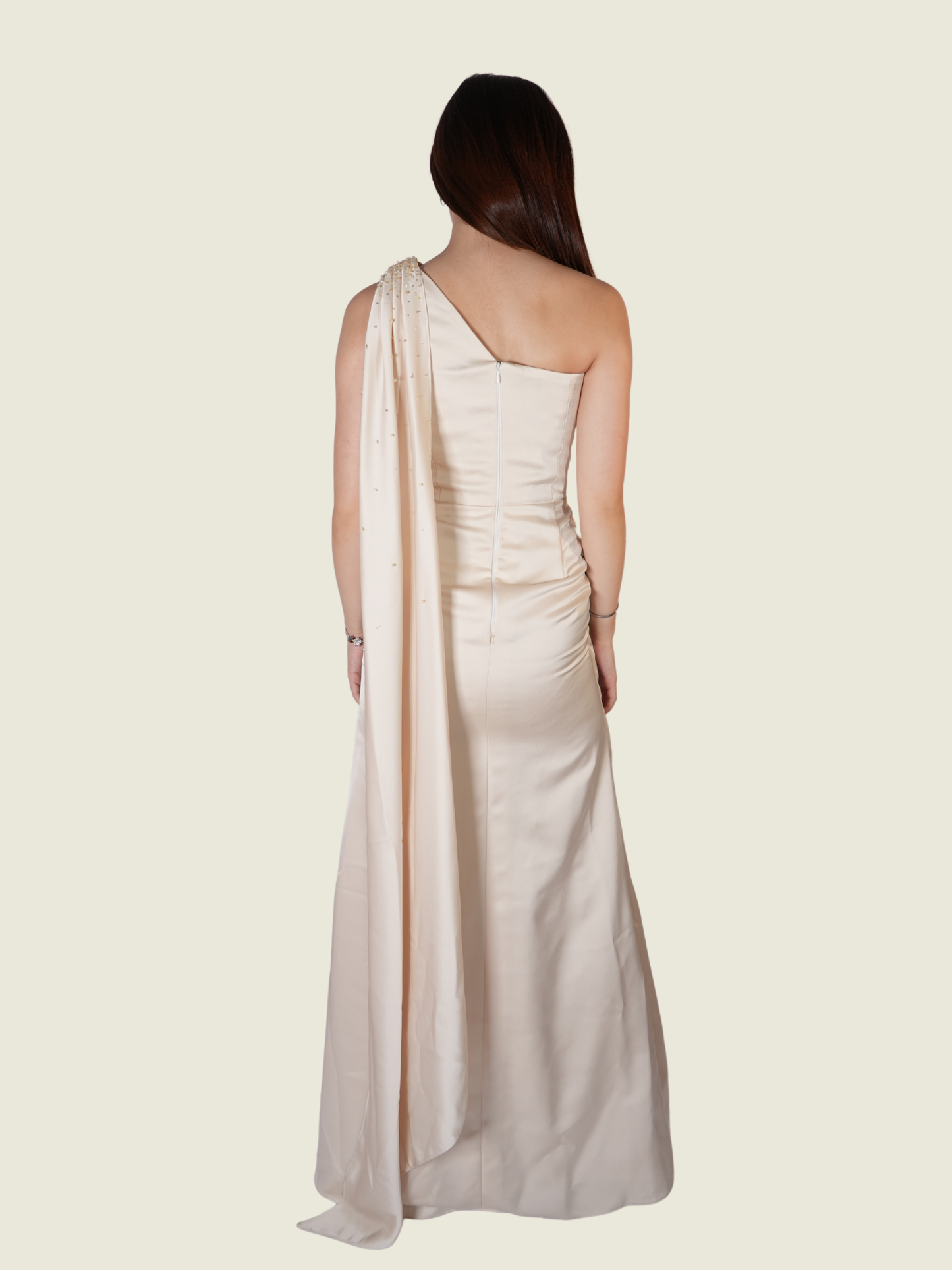 Weareasy Ivory One-Shoulder Draped Evening Gown XS
