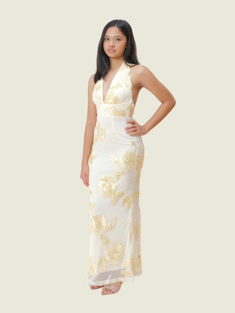 Yellow Selfie Leslie Cipriana Backless Halter Maxi Dress (XS)