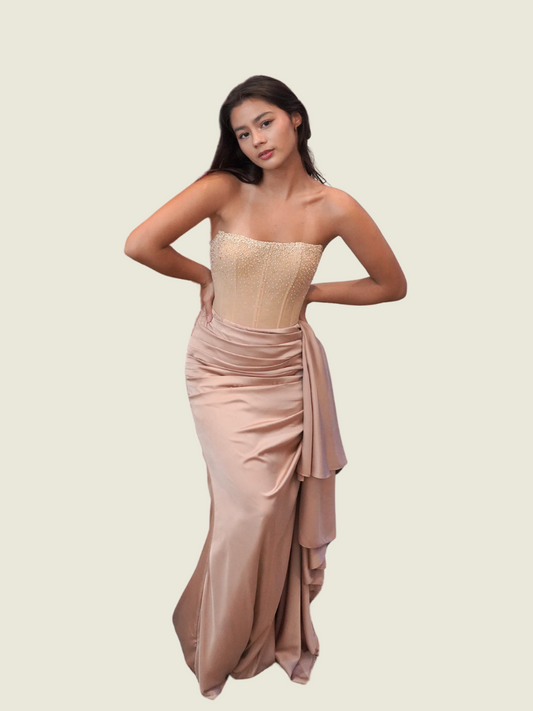 Vee Tan Beige Beaded Gown
