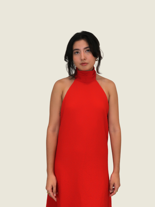 Red Linen Halter Dress