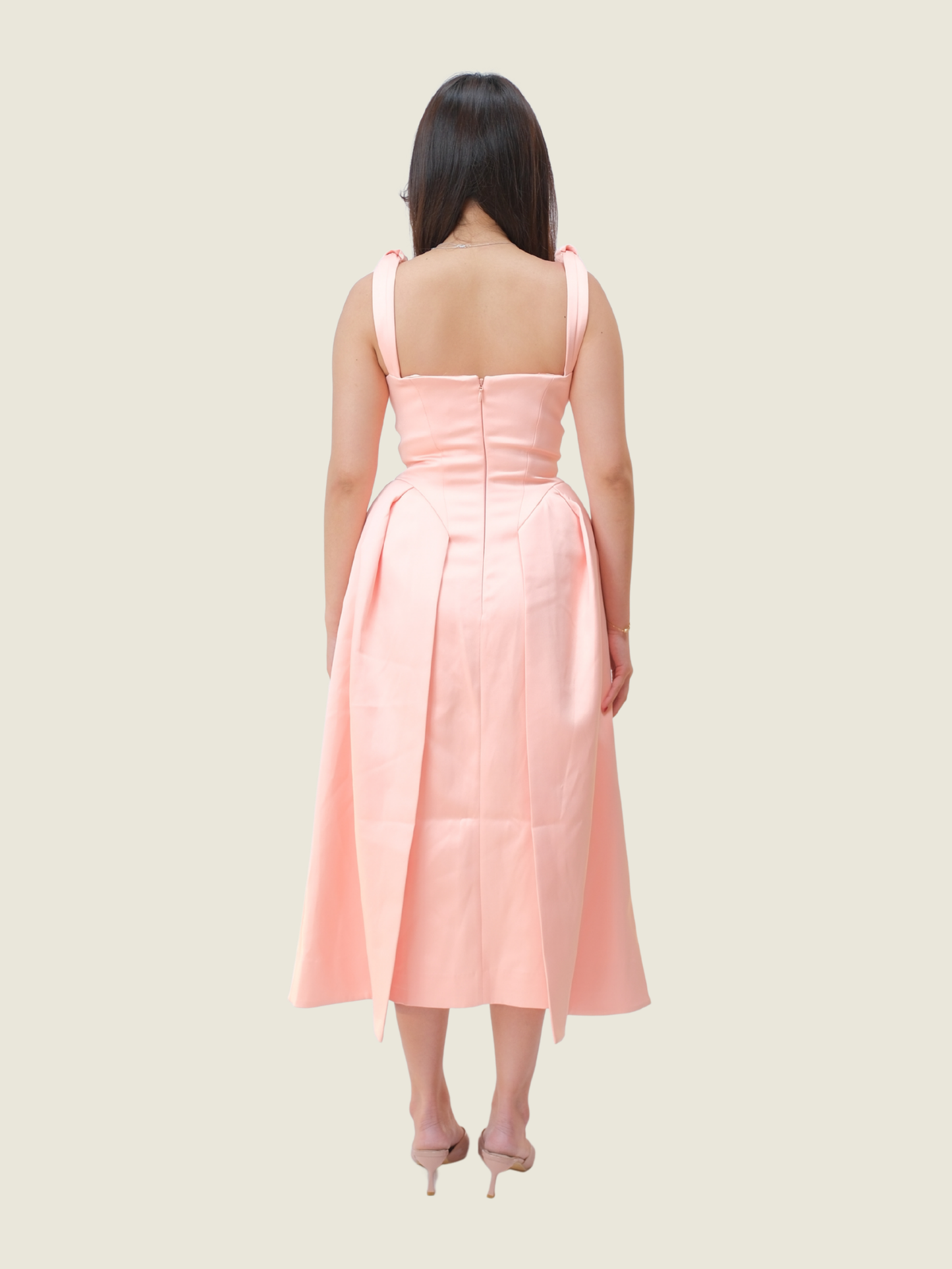 House of CB Paloma Peach Pink Satin Pleated Midi Dress (S)
