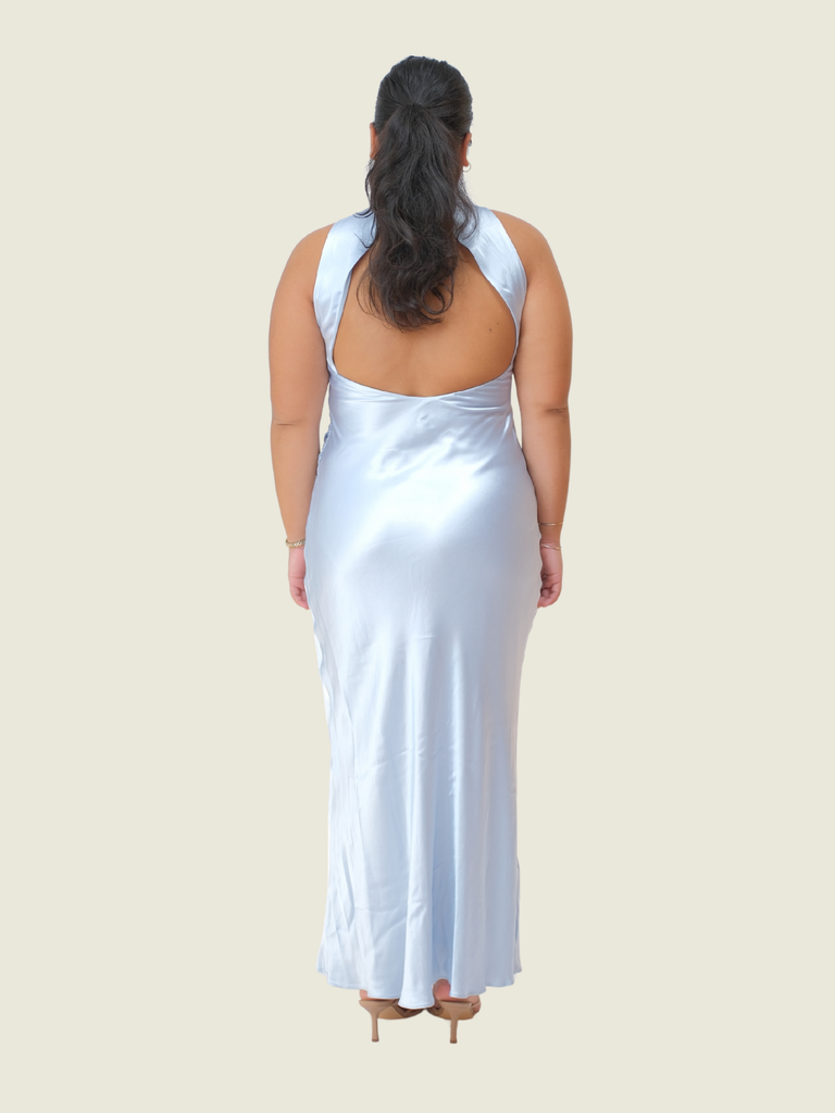Michelle Open-Back Satin Maxi Dress in Misty Sky (L)