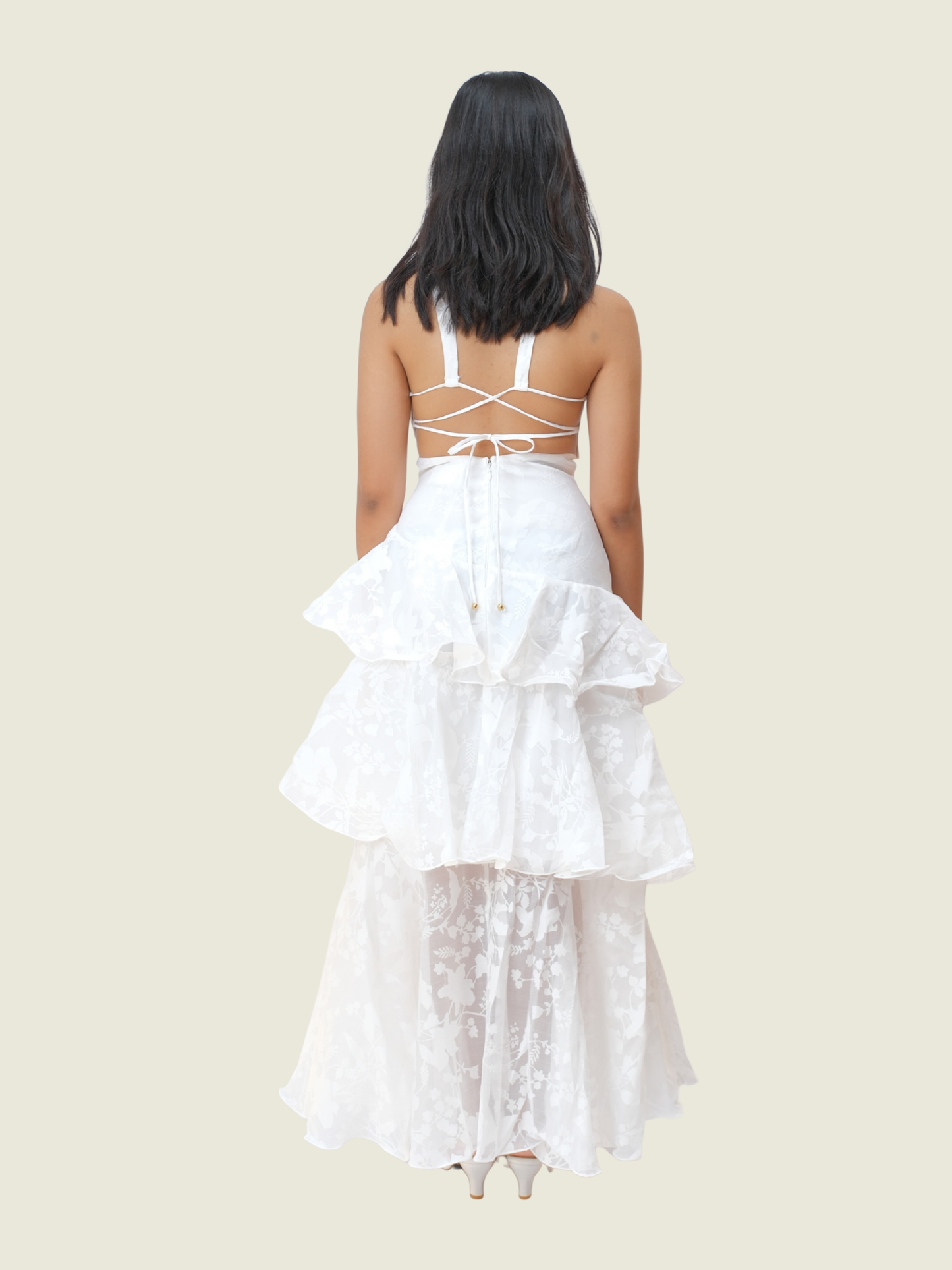White Selfie Leslie Veda Strappy Back Ruffle Chiffon Maxi Dress (XS)