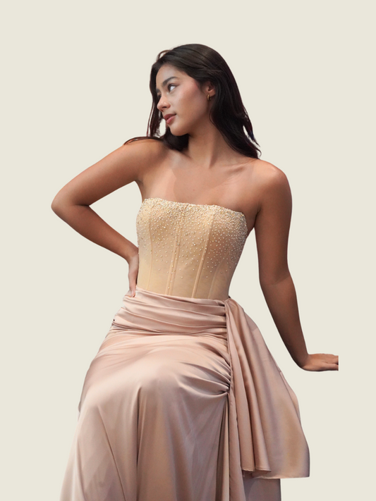 Vee Tan Beige Beaded Gown