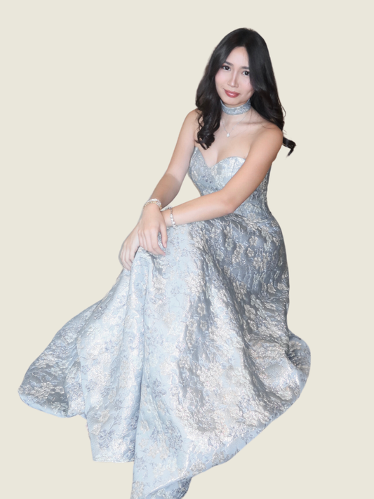 Rajo Laurel Blue Brocade Custom Gown