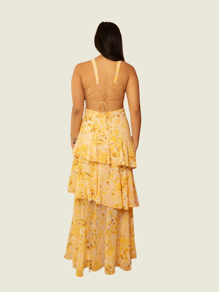 Selfie Leslie Yellow Veda Strappy Back Ruffle Dress Floral