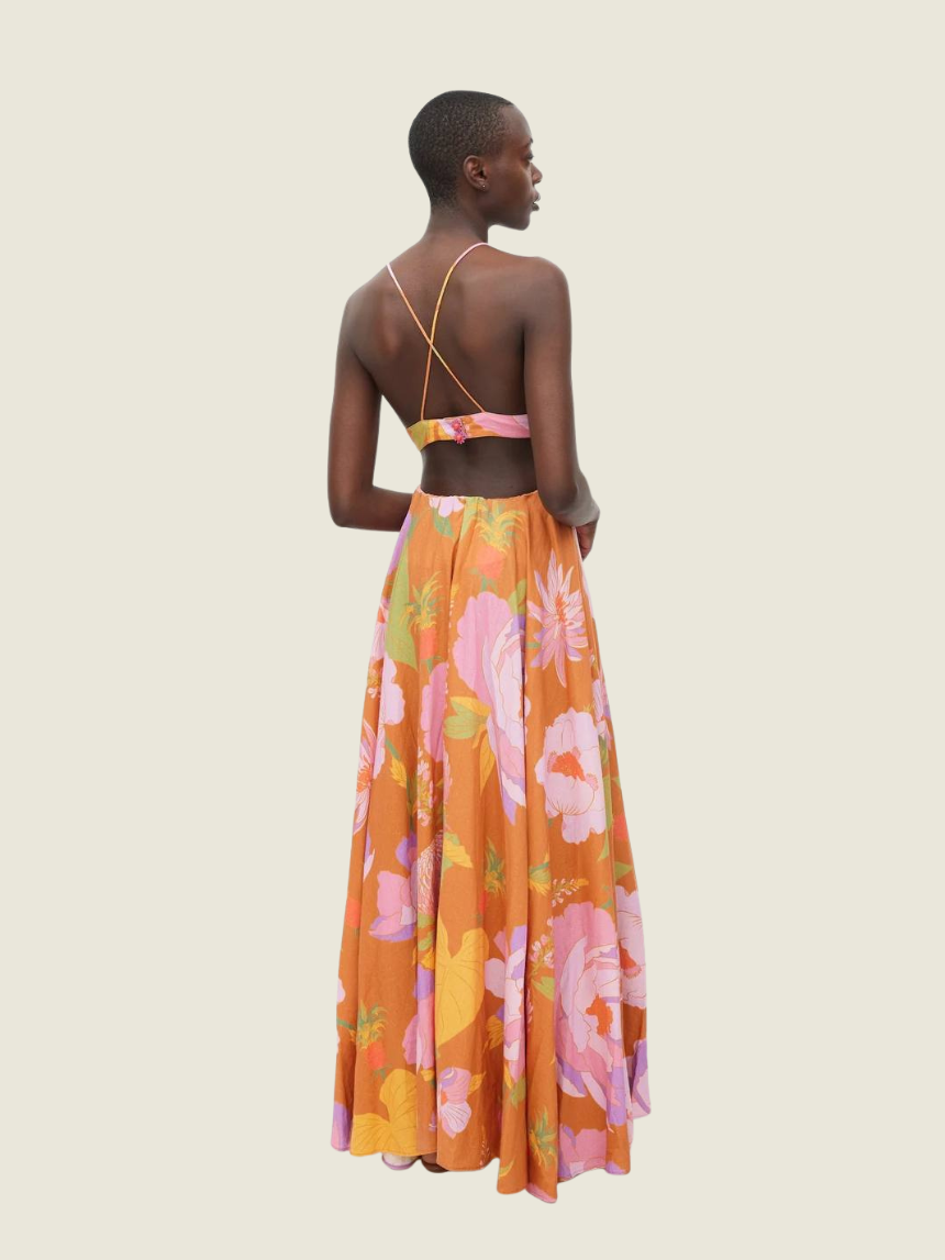 Farm Rio Cutout Embroidered Floral-print Linen-blend Maxi Dress