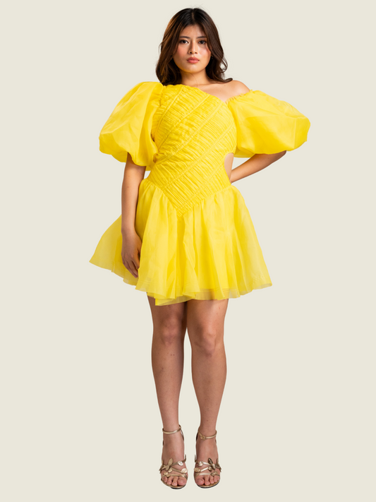 AJE Dawn Ruched Yellow Mini Dress