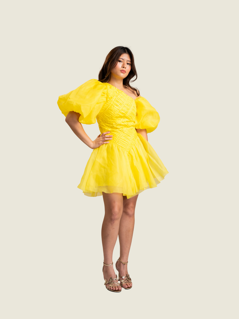AJE Dawn Ruched Yellow Mini Dress