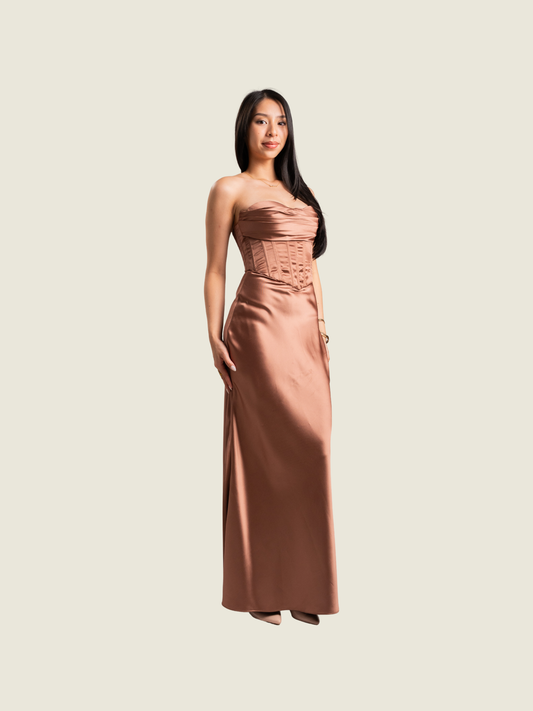 Apogee Brown Corset Maxi Dress