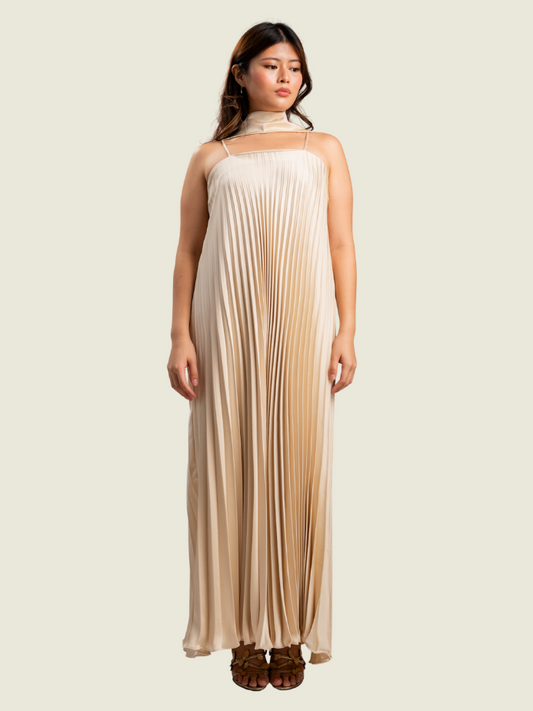 Apogee Drite Champagne Pink Pleated Maxi Dress with Scarf
