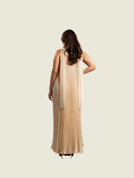 Apogee Drite Champagne Pink Pleated Maxi Dress with Scarf