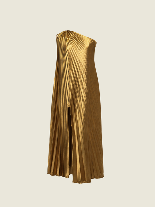 Apogee Pleated Long Maxi Dress with Slit Gold