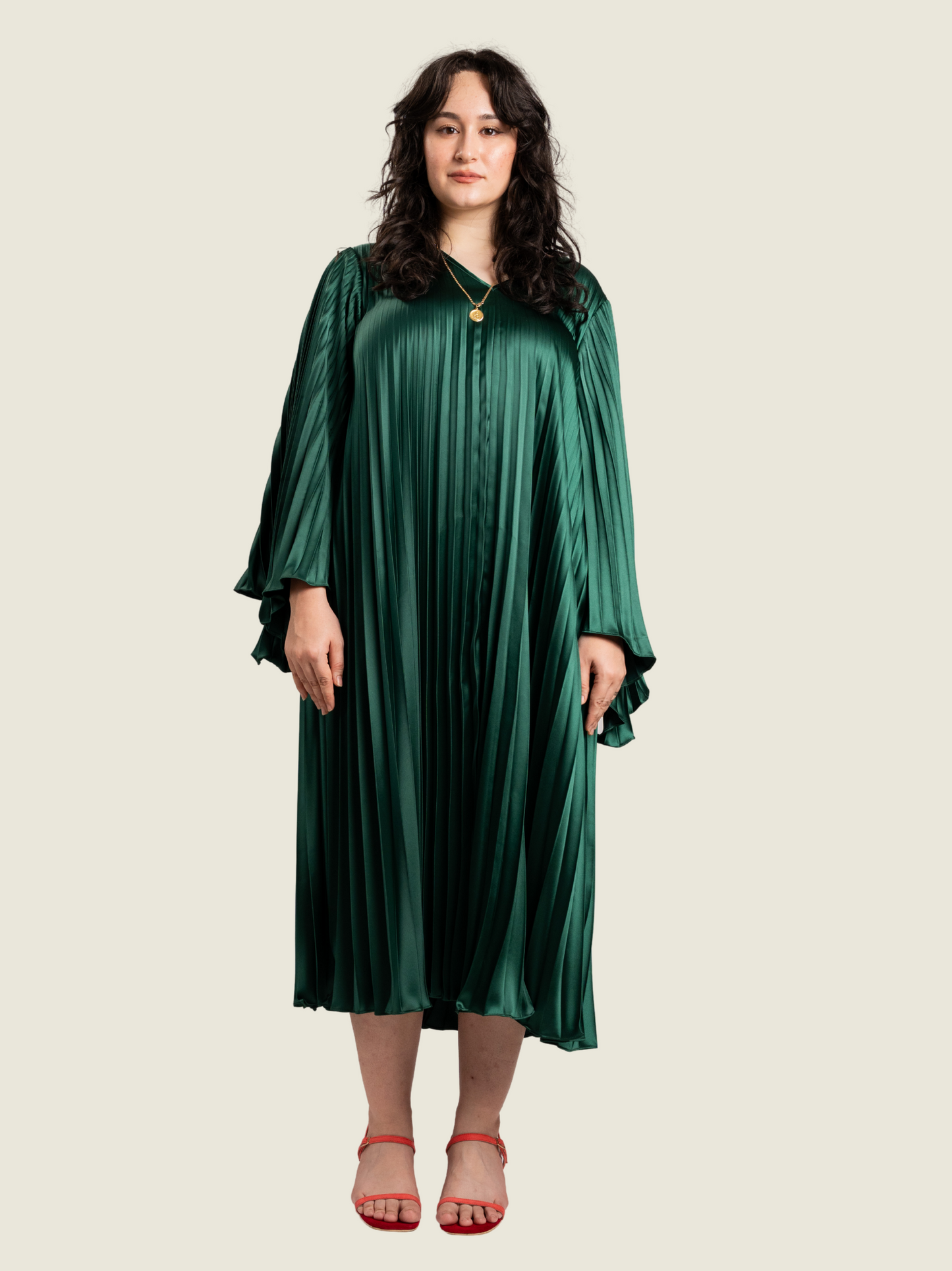 Apogee Pleated Tunic Dark Green Long Sleeves Maxi Dress