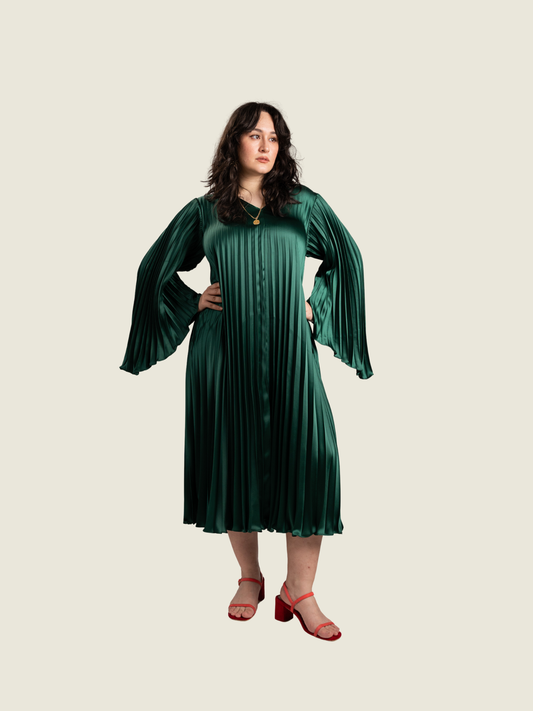 Apogee Pleated Tunic Dark Green Long Sleeves Maxi Dress