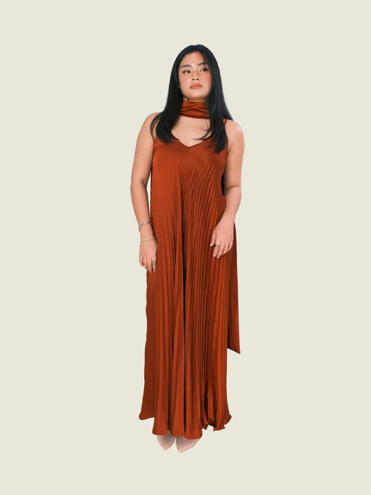Apogee de taj maroon wine red pleated maxi dress with scarf belt