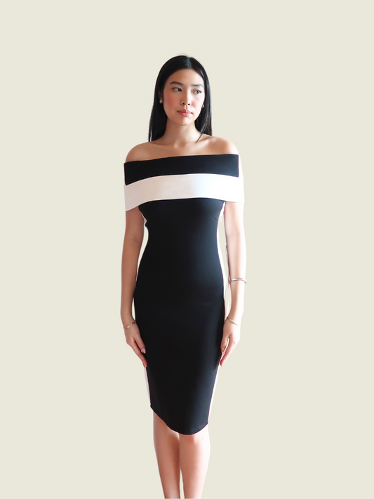 Balmain Black and White Off Shoulder Dress
