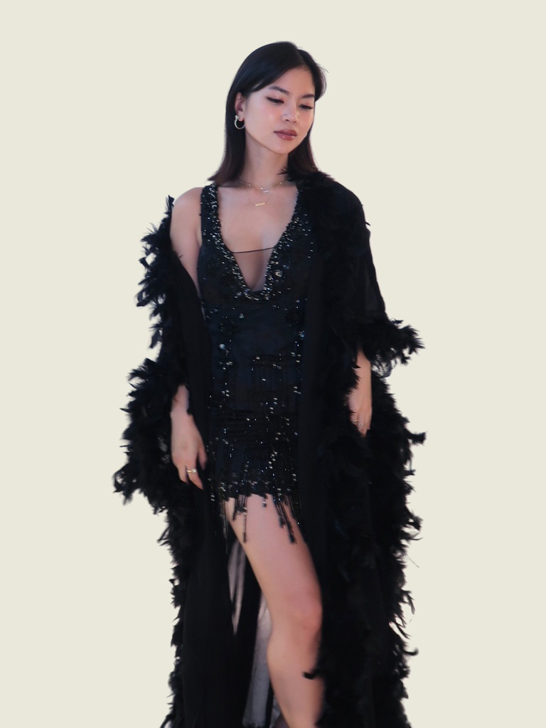 Black Showgirl Mini Dress with Feather Boa and Robe