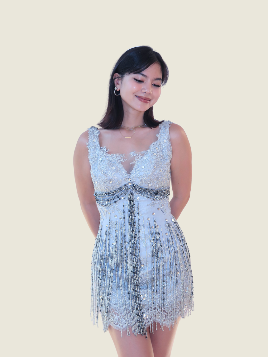Silver Showgirl  Burlesque Beaded Mini Dress