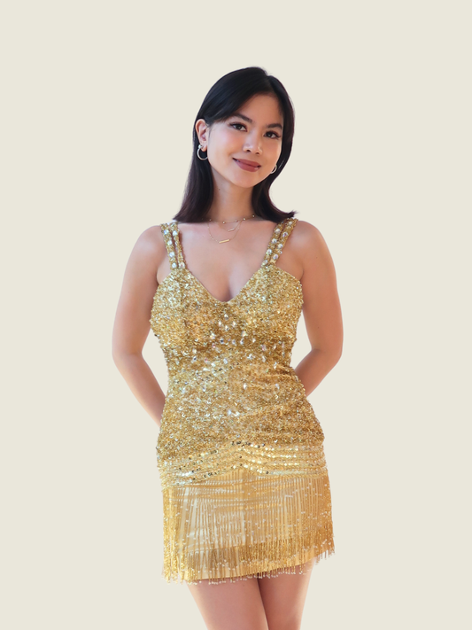 Gold Showgirl  Burlesque Beaded Mini Dress