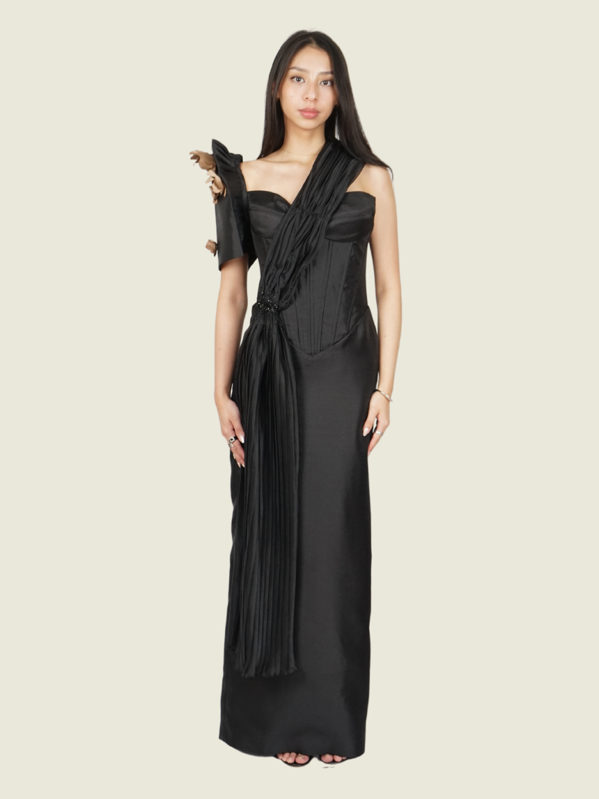 filipiniana dress black Bella Borromeo Gown – Continuiti 2-5-m-us-little-kid The flower brooch adds One Shoulder Black Satin Color:Ivory/Champagne