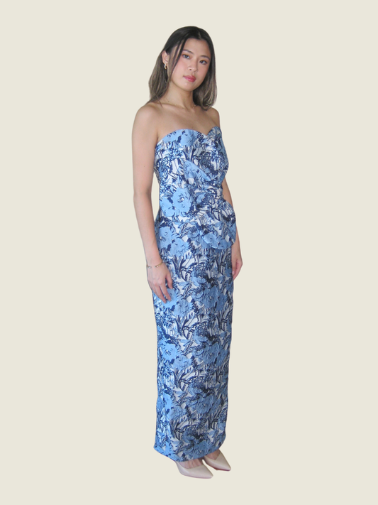 Bianca Cordero Custom Blue Floral Tube Gown