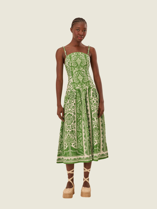 Farm Rio Delicate Tapestry Midi Dress in Green and White