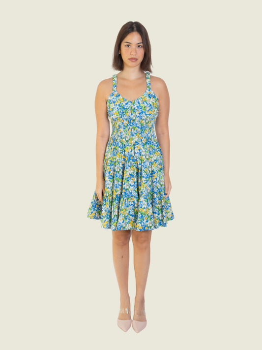 CB Positano Blue Floral Scrunch Dress