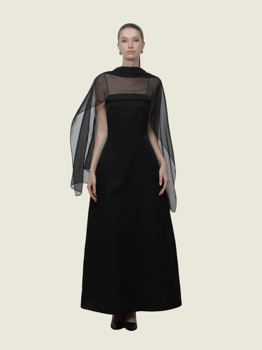 COCOSIN Black Draped Scarf Strap Dress