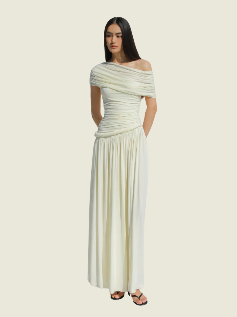 COCOSIN Ivory Off Shoulder Draped Maxi