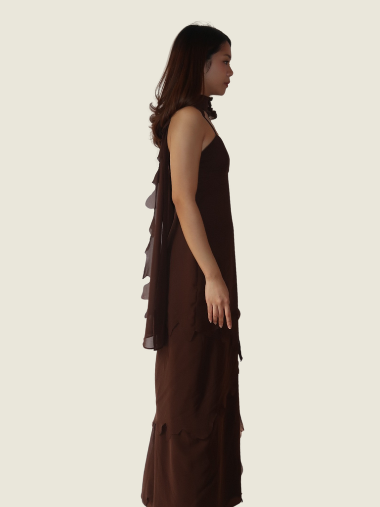 Carina Atelier Brown Scarf Cape Ruffle Maxi Dress
