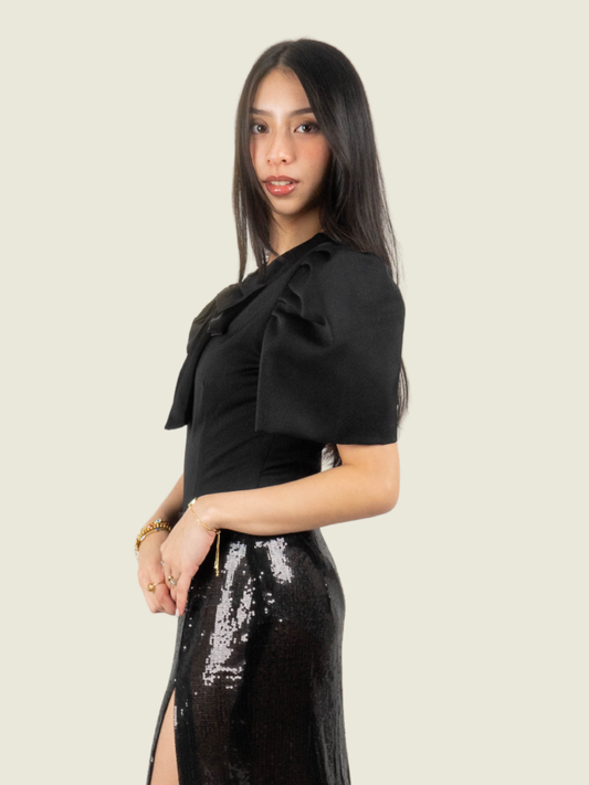 Chris Nick Black Bodysuit with Filipiniana Butterfly Sleeves