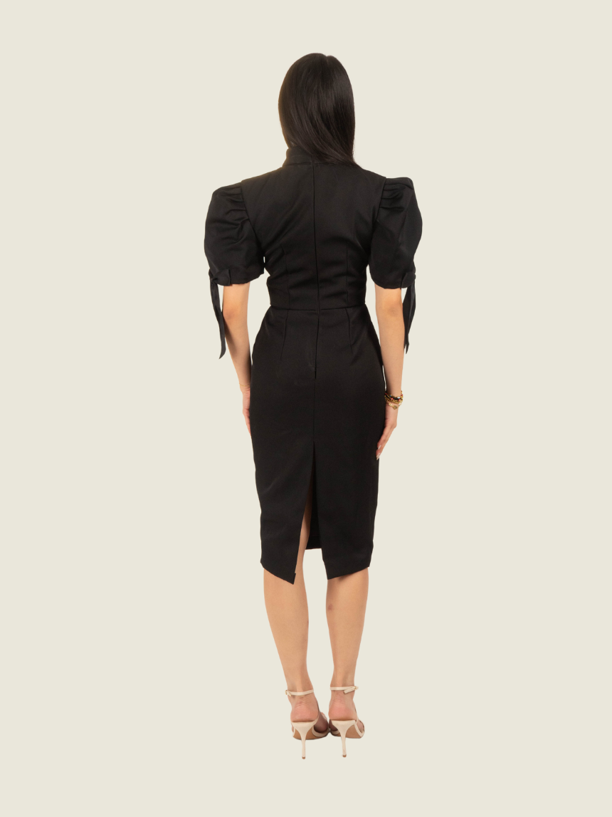 Chris Nick Black High Neck Filipiniana Midi Dress