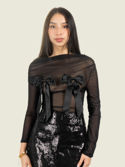 Chris Nick Black Sheer Chiffon Long Sleeve Top