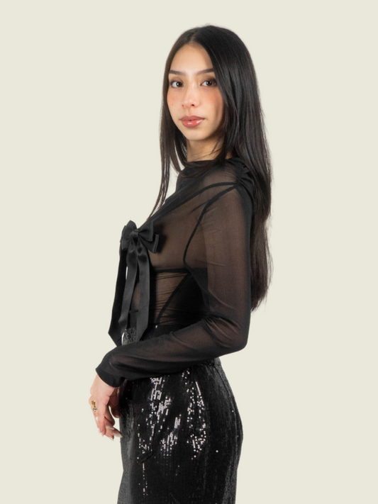 Chris Nick Black Sheer Chiffon Long Sleeve Top
