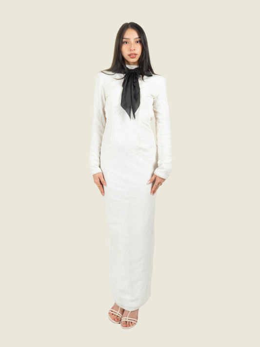 Chris Nick White Sequin Backless Long Sleeve Gown