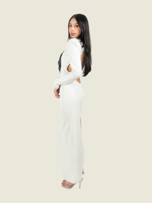 Chris Nick White Sequin Backless Long Sleeve Gown