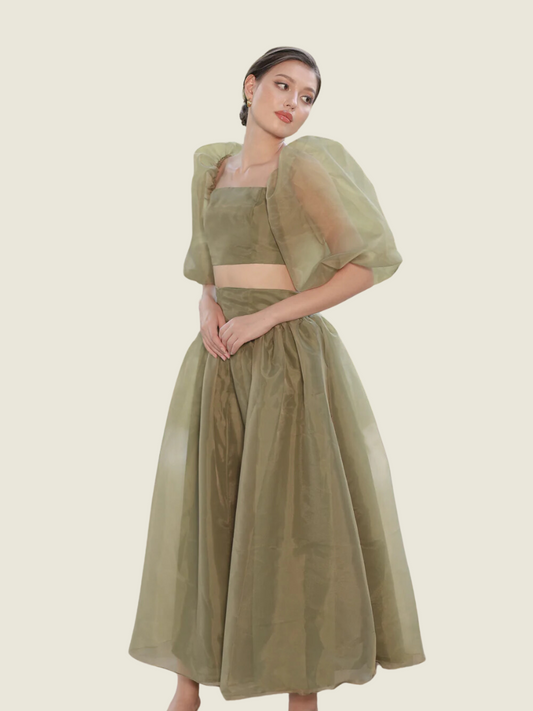 ZOO the Label Olive Perla Set Puff Sleeve Top with Baroque Style High Waist Midi Skirt