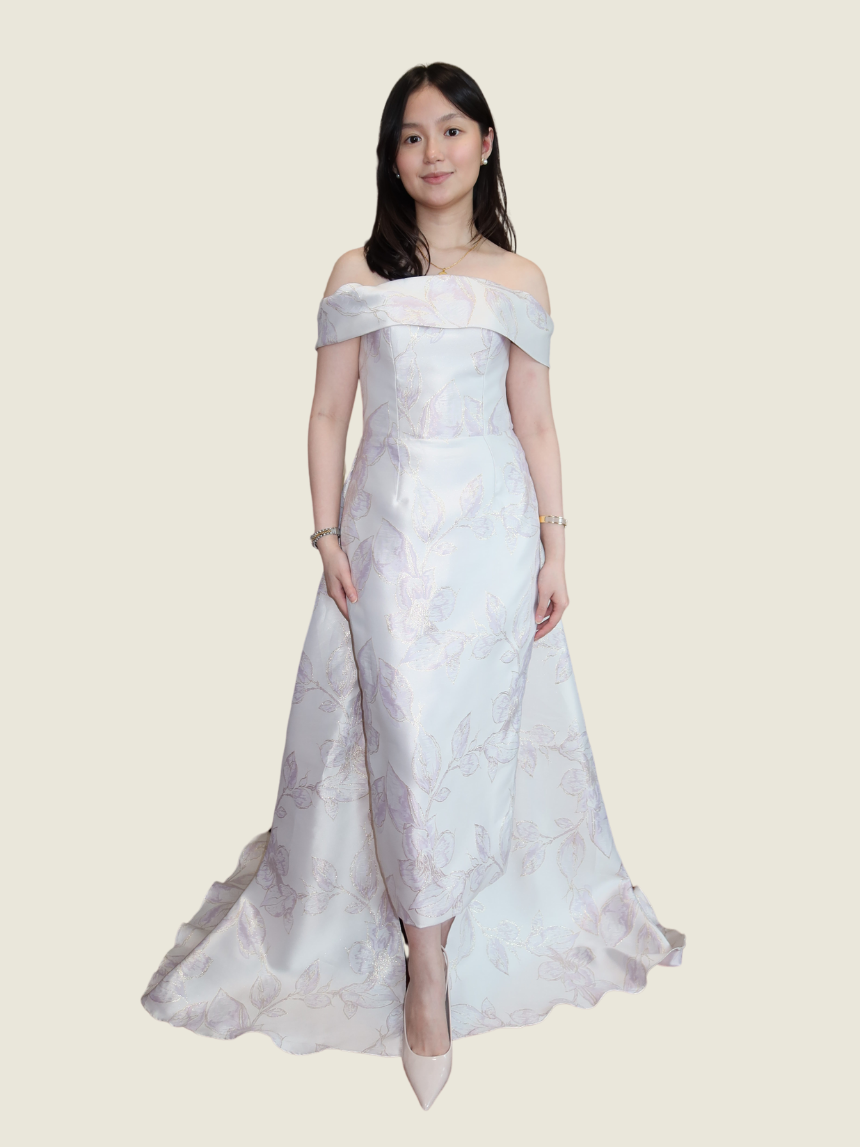 Ella Chua Off Shoulder Mini Dress with Detachable Train
